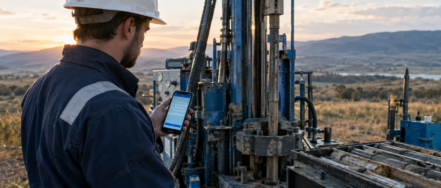 Field technician at a drill rig recording observations on a ruggedized tablet